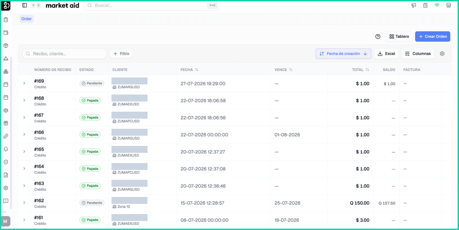 Market Aid Spanish-language order and financial report with receipts, payment status, client, date, total, and balance columns