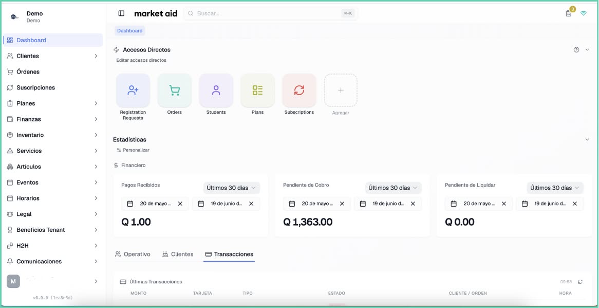 Market Aid Spanish-language merchant dashboard with navigation for orders, subscriptions, plans, finances, inventory, and events