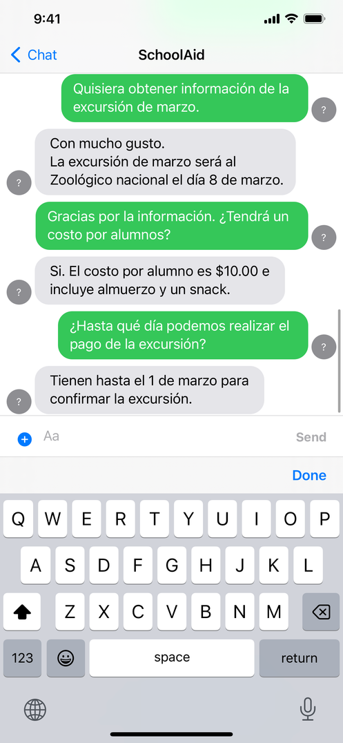 SchoolAid Chat+ mobile conversation between a family and school