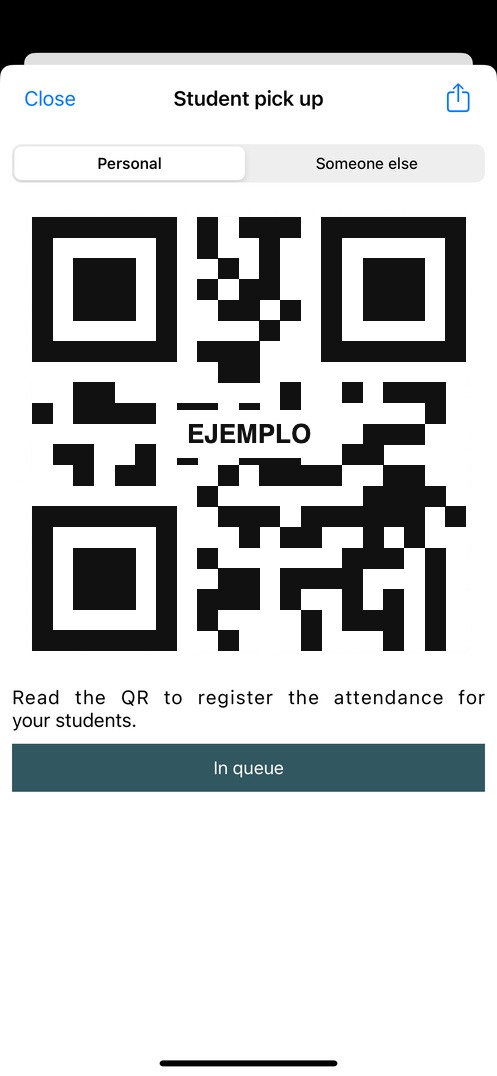 SchoolAid student pickup authorization screen with QR code and queue status