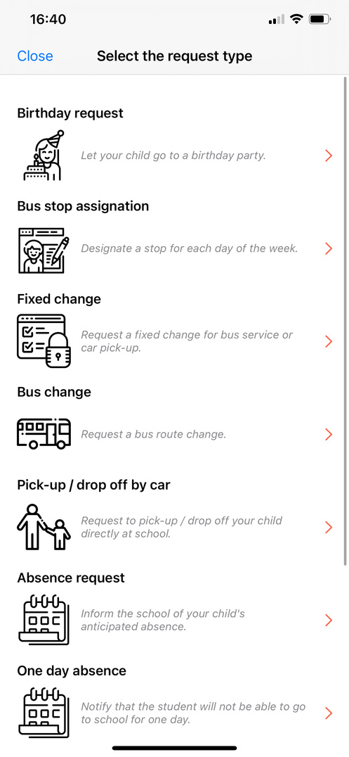 SchoolAid parent app showing school request types including birthday, bus, pickup, and absence requests