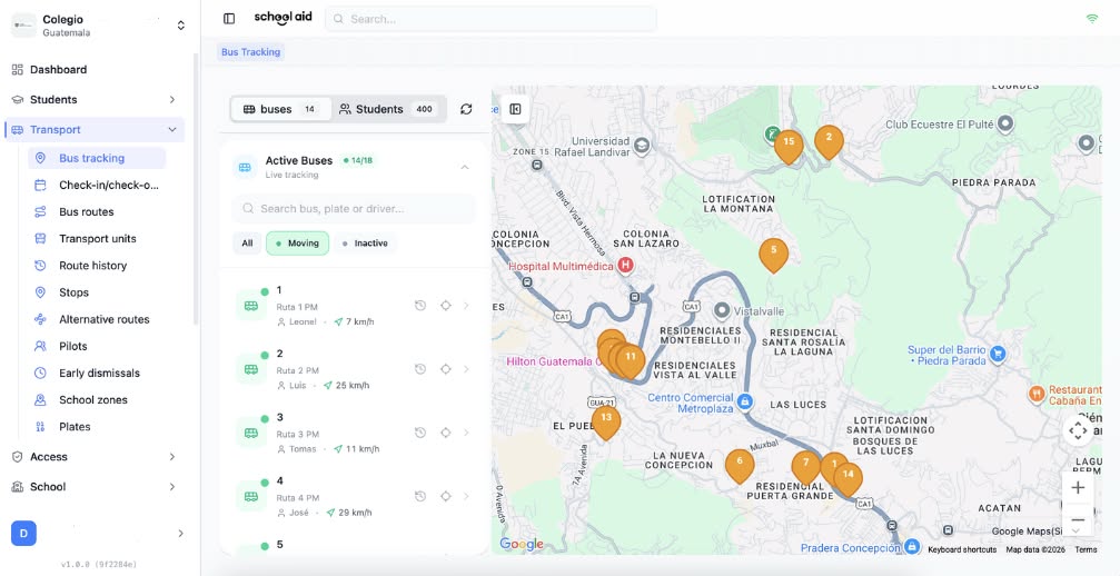 SchoolAid transportation dashboard showing active buses and mapped routes