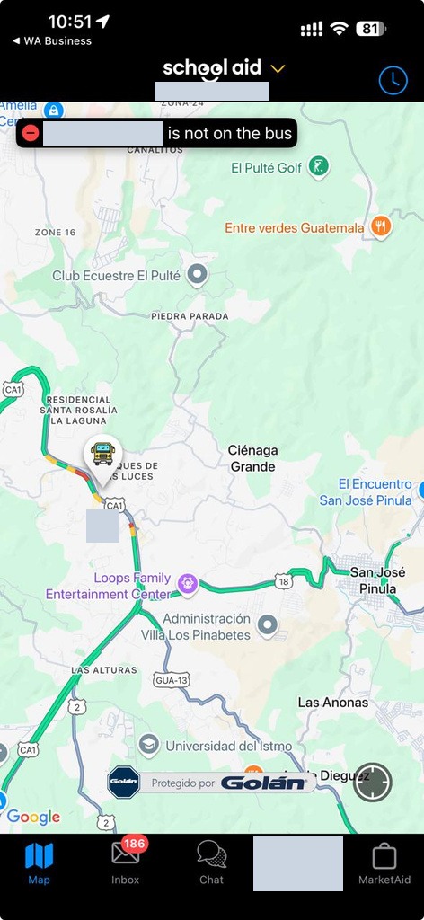 SchoolAid parent app map view for tracking a student bus route